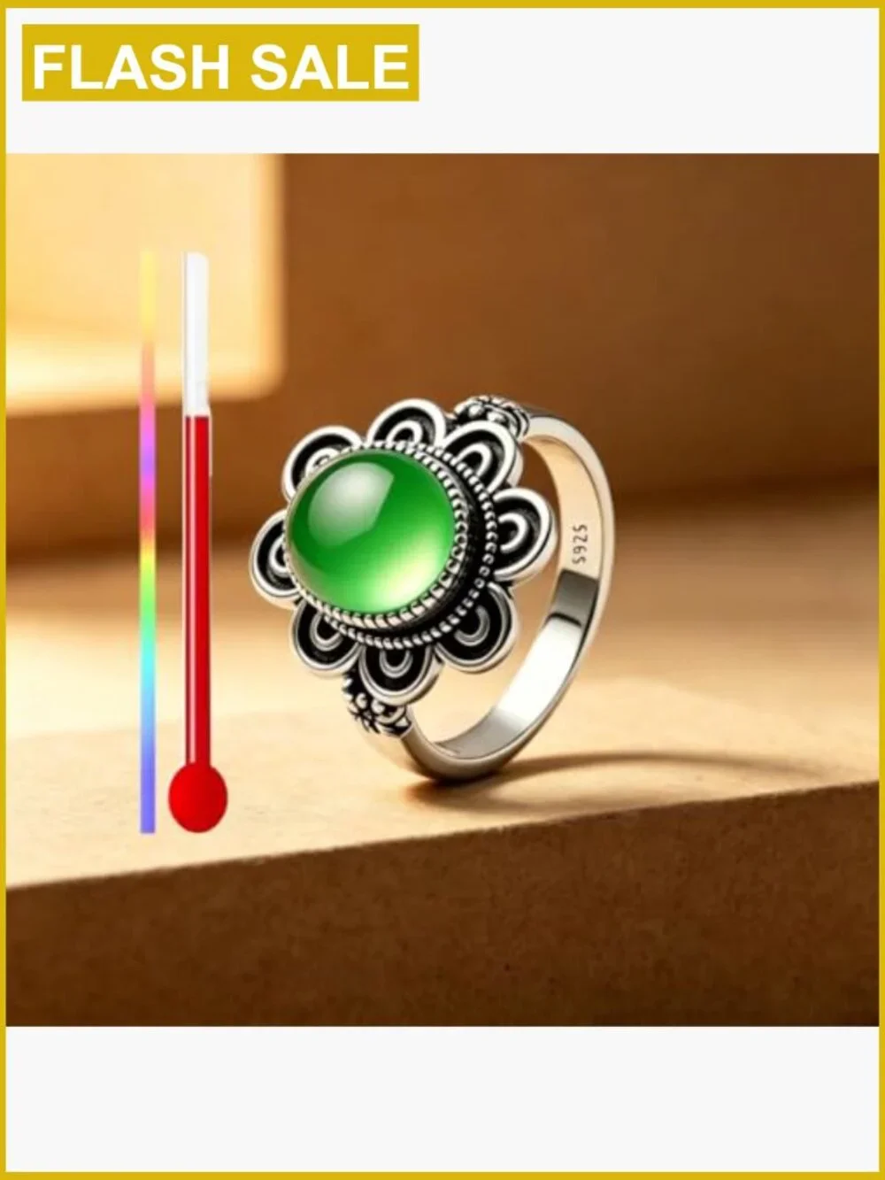 Retro Flower Mood Ring Sterling Silver Thermochromic Stone Statement Ring Boho
